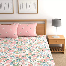Load image into Gallery viewer, White Floral Cotton Blend Elastic Fitted King Bedsheet
