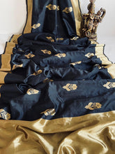 Load image into Gallery viewer, Kala Niketan Traditional Black Soft Silk Sari With Attached Blouse
