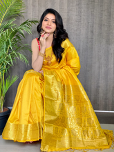 Load image into Gallery viewer, Kala Niketan Yellow Smooth Silk Saree With Golden Zari Border
