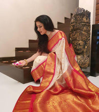 Load image into Gallery viewer, Kala Niketan Bhagyashree Marvellous Beige Soft Banarasi Silk Saree With Unique Blouse Piece
