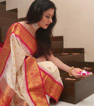 Load image into Gallery viewer, Kala Niketan Bhagyashree Marvellous Beige Soft Banarasi Silk Saree With Unique Blouse Piece
