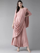 Load image into Gallery viewer, Pink &amp; Golden Printed Maxi Dress With Attached Dupatta
