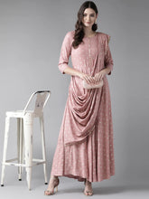 Load image into Gallery viewer, Pink &amp; Golden Printed Maxi Dress With Attached Dupatta
