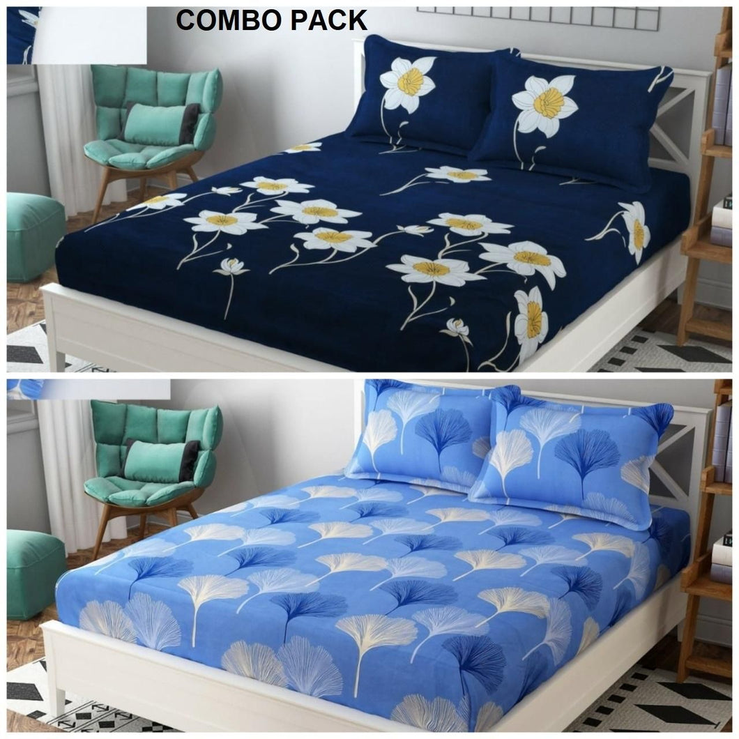 Superfine Elastic Fitted Queen Size Double Bedsheet with 4 king size Pillow Covers(2 Combo)