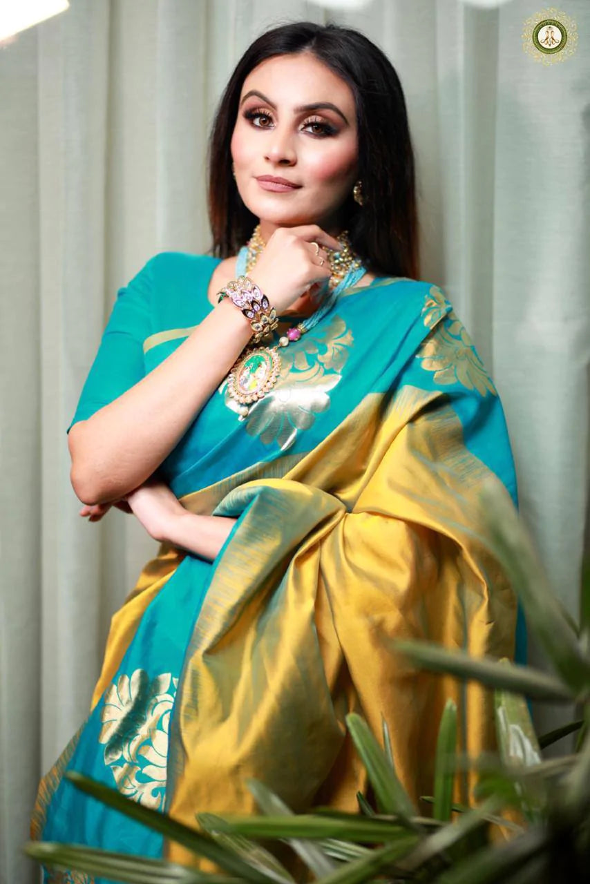 Captivating Mustard Yellow Color Soft Banarasi Silk Saree With Stunning Blouse Piece