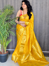 Load image into Gallery viewer, Kala Niketan Yellow Smooth Silk Saree With Golden Zari Border

