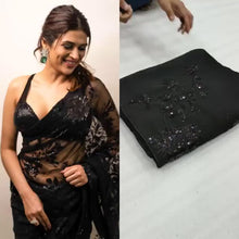 Load and play video in Gallery viewer, Shraddha Das Bollywood Saree in Black Georgette Fabric With Sequence Blouse
