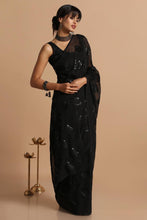 Load image into Gallery viewer, Bollywood Latest Fashion Black Color Glamorous Sequence Diamond Georgette Sarees
