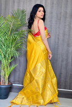 Load image into Gallery viewer, Kala Niketan Yellow Smooth Silk Saree With Golden Zari Border
