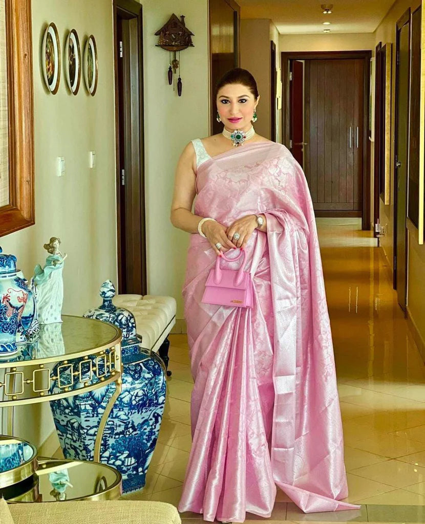 Stylish Pink Soft Banarasi Silk Saree with Unique white Blouse Piece