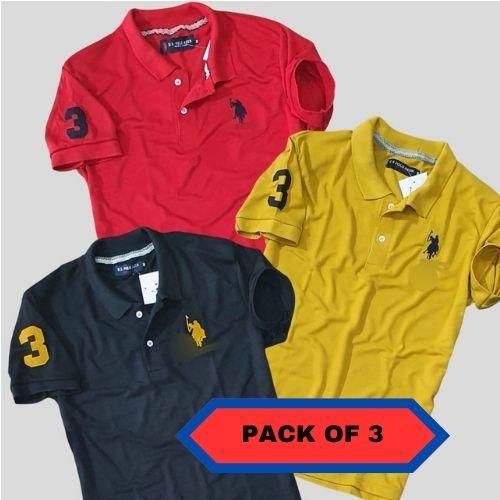 Cotton Solid Half Sleeves Mens Polo T-Shirt Pack Of 3