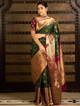Load image into Gallery viewer, Wedding &amp; Festival Special Fern Green Jacquard Work Lichi Silk Saree
