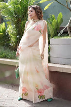 Load image into Gallery viewer, Tina Datta Bollywood Amazing Peach Color Organza Flower Printed Work Saree Blouse
