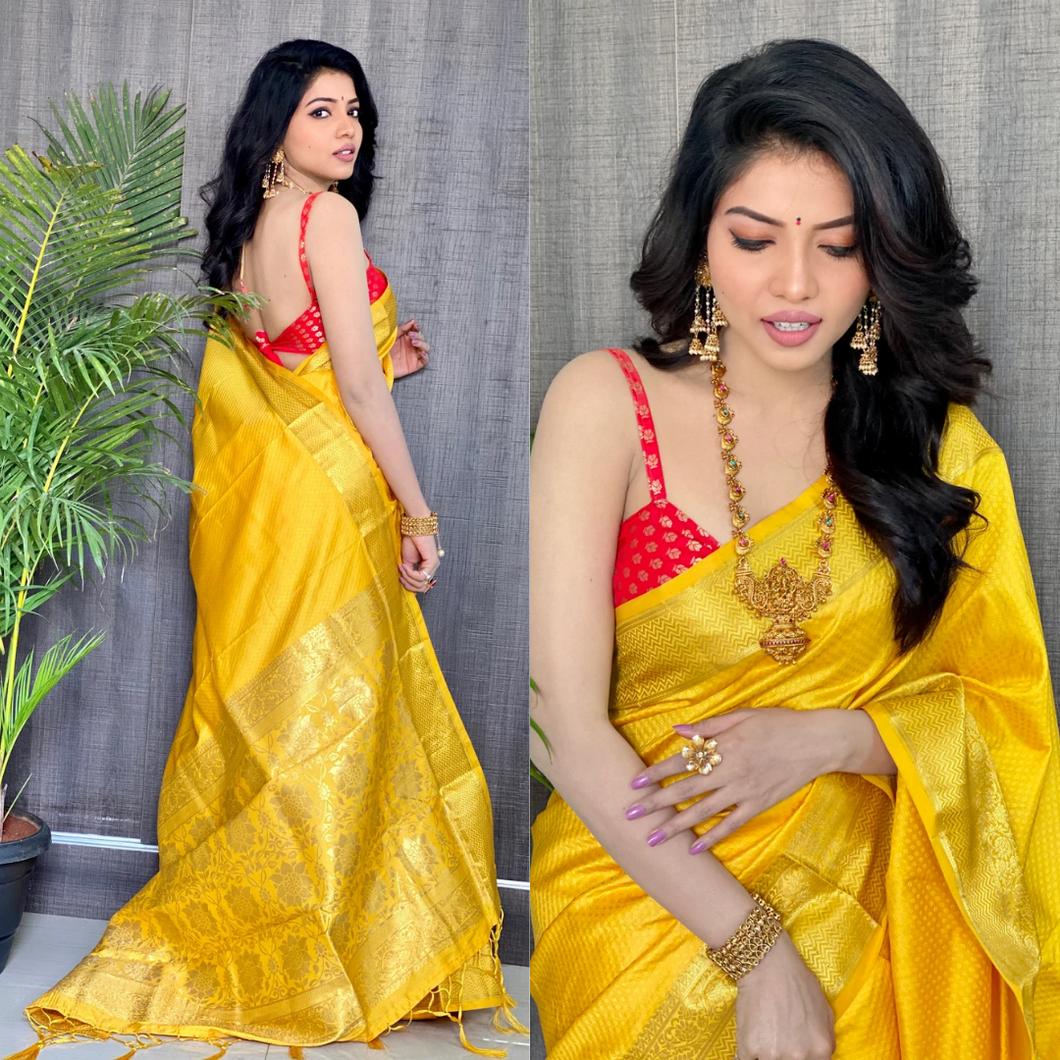 Kala Niketan Yellow Smooth Silk Saree With Golden Zari Border