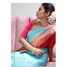 Load image into Gallery viewer, Kala Niketan Blue Silk Archaic Traditional Kanchi Soft Silk Sari With Attached Blouse
