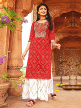 Load image into Gallery viewer, Kala Niketan Bandhani Red Rayon Embroidered Kurti With Stylish Sharara
