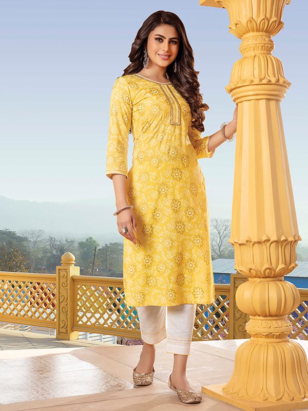 Kala Niketan Bandhani Yellow Printed Stylish Kurti With Cotton Pant