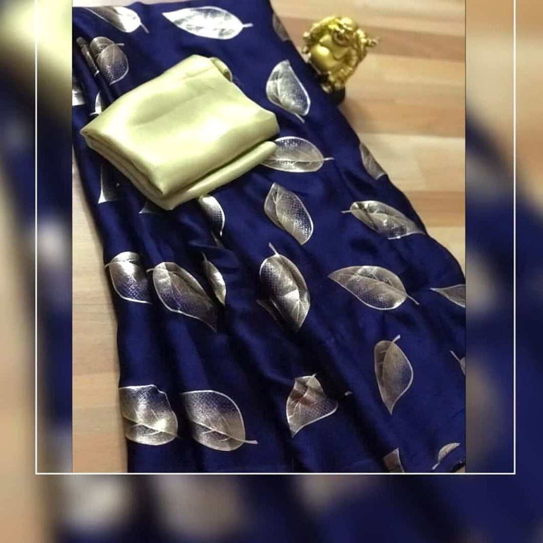 Kala Niketan Blue satin silk saree with golden satin Blouse