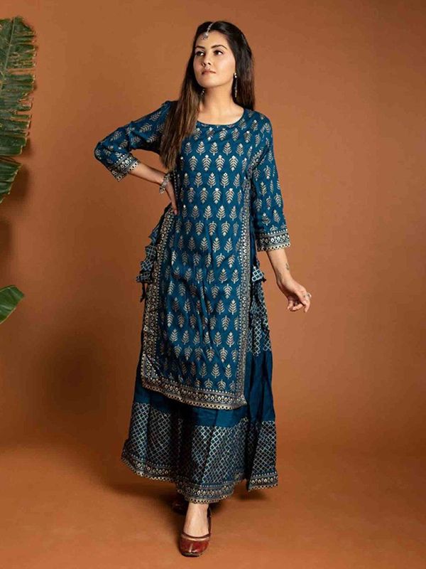 Kala Niketan Fashion Stylish Blue Cotton Printed Kurti With Fancy Skirt