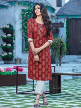 Load image into Gallery viewer, Kala Niketan Maroon Printed Rayon Kurti with off White Pant
